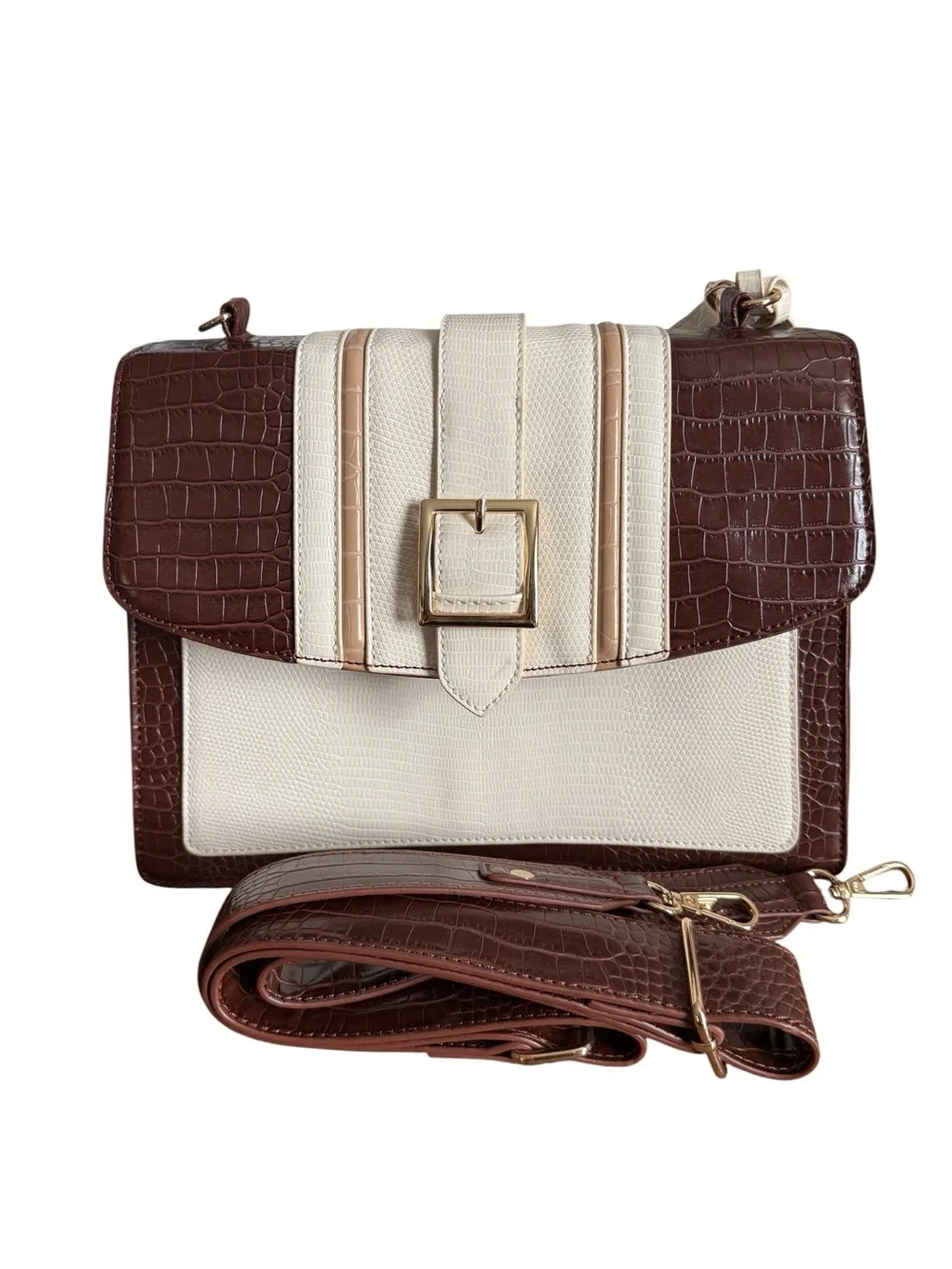 Olivia + Joy Brown and Cream Croc-Texture Top Handle Satchel